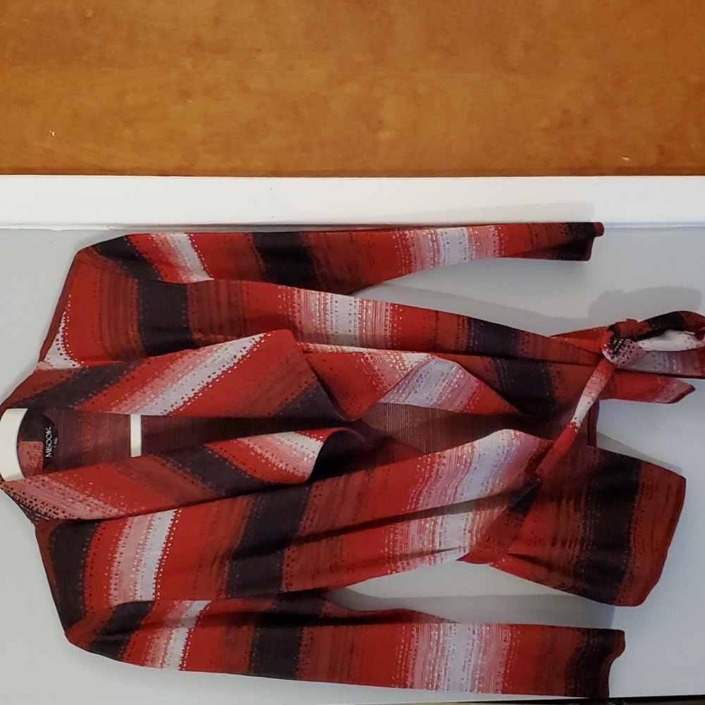 Misook Striped Belted Shawl Collar Long Sleeve Jacket.